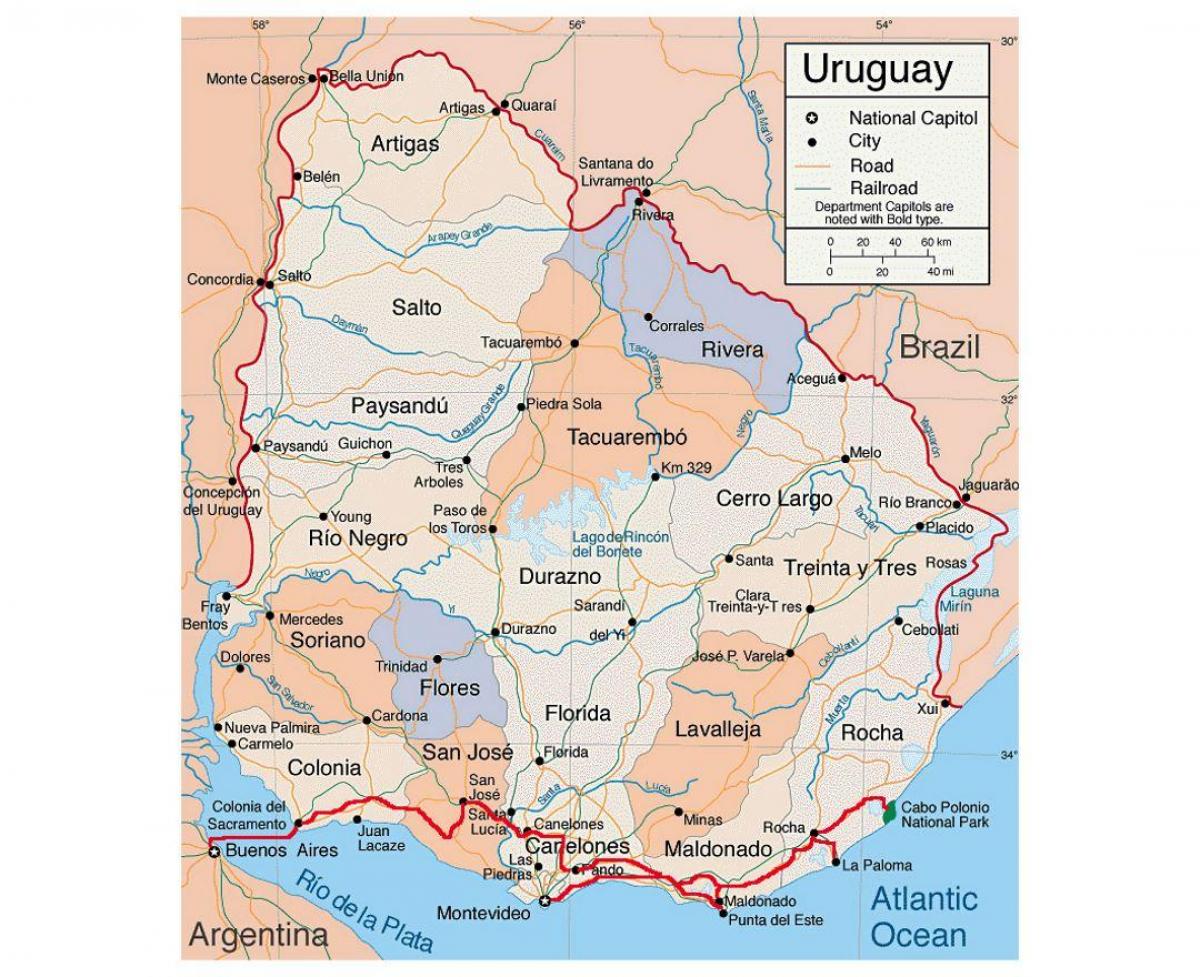 خريطة أوروغواي مع citie